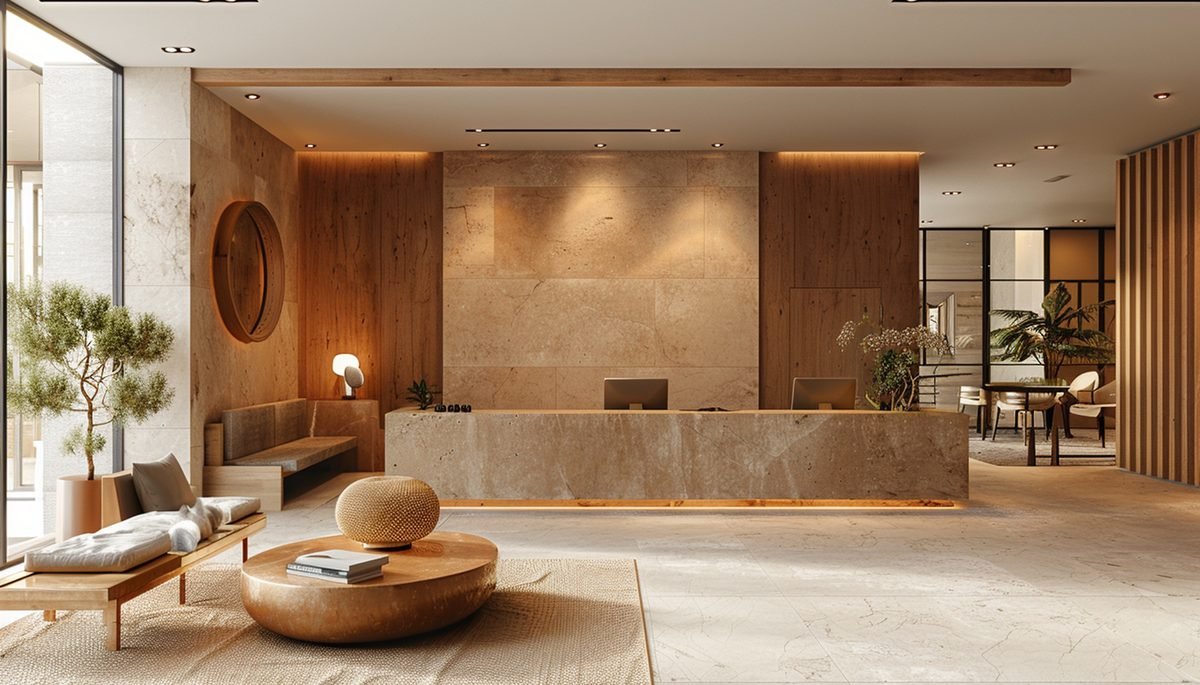 Otel lobisinde ahşap ve traverten yüzeyler, yumuşak gün ışığı