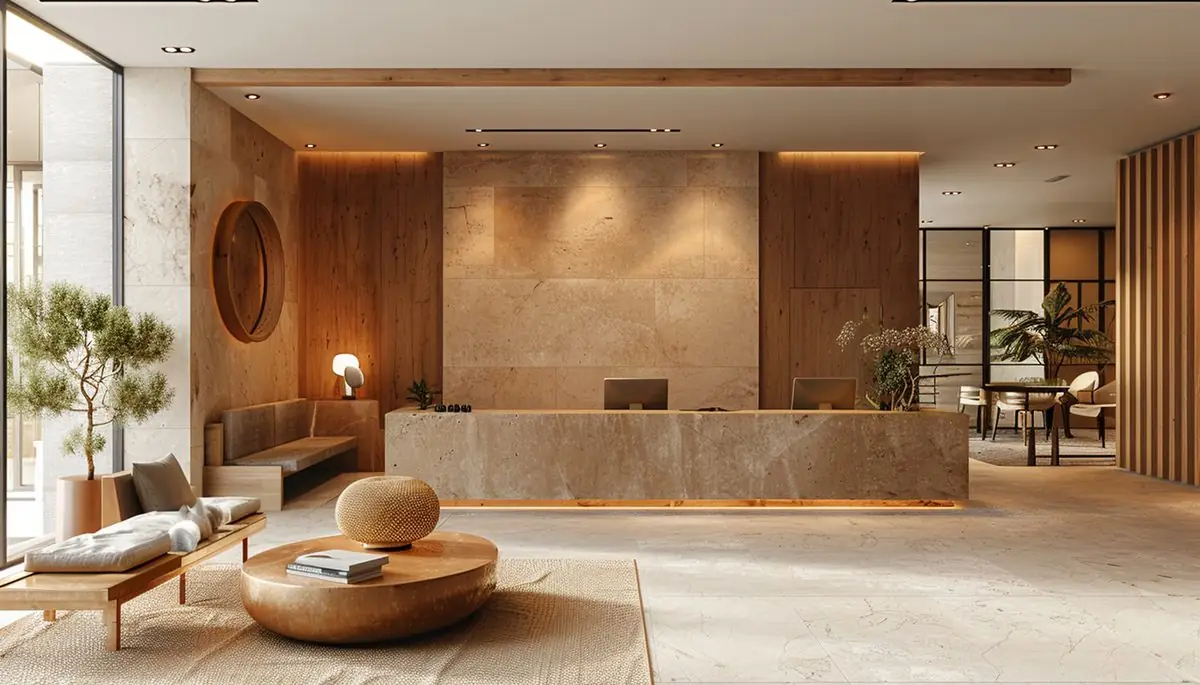 Otel lobisinde ahşap ve traverten yüzeyler, yumuşak gün ışığı